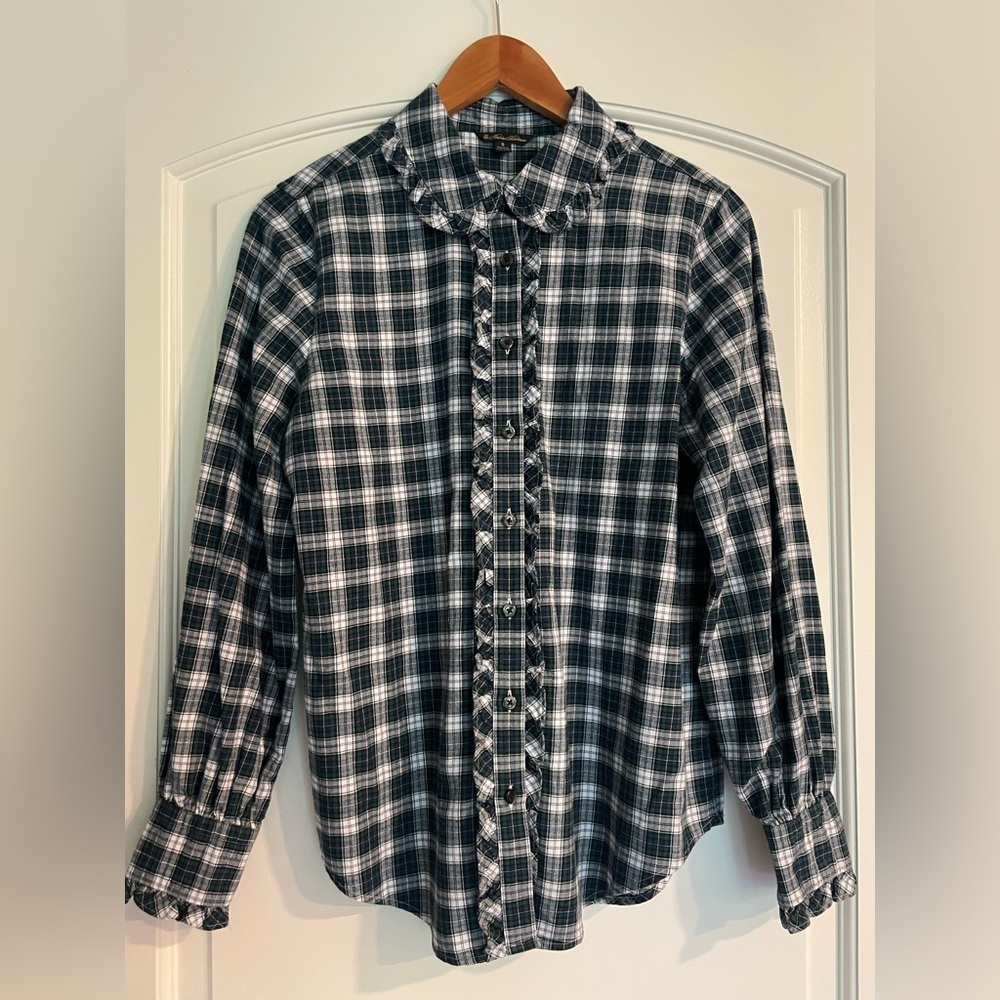 Brooks Brothers Vintage Plaid Ruffle-Trim Button-Front Blouse Tartan Pattern